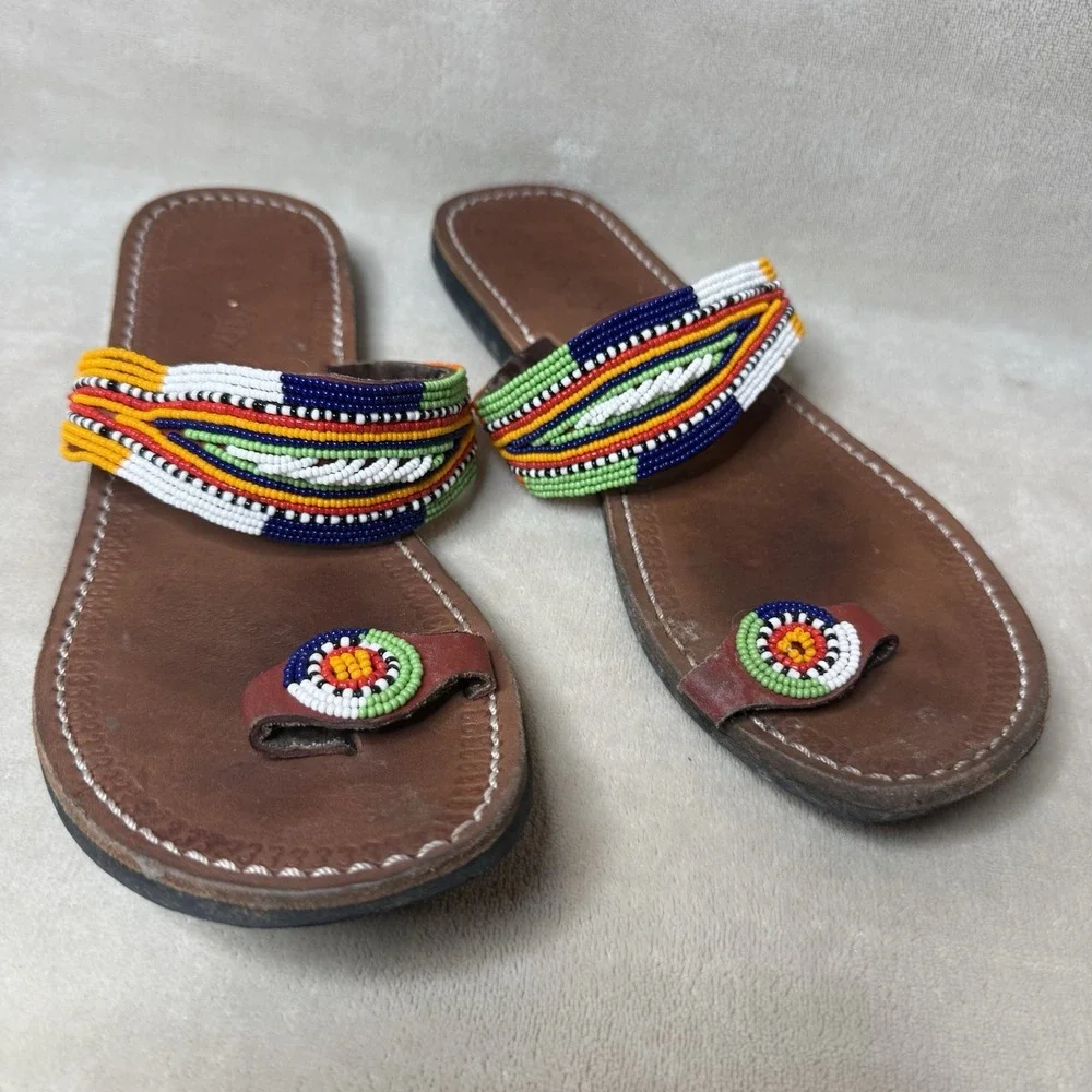 Women's Beaded Leather Sandals Sz. 41 US 8 Flip Flops Toe Ring Boho Beachy